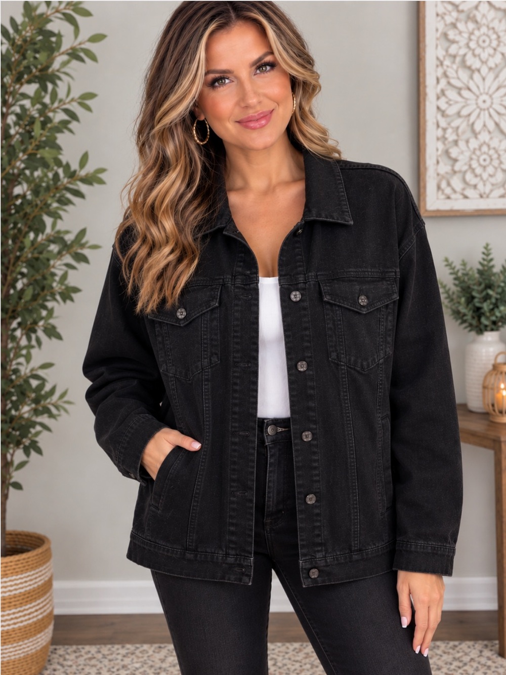 Seven7 Black Denim Trucker Jacket - Women's Button-Front Jean Jacket